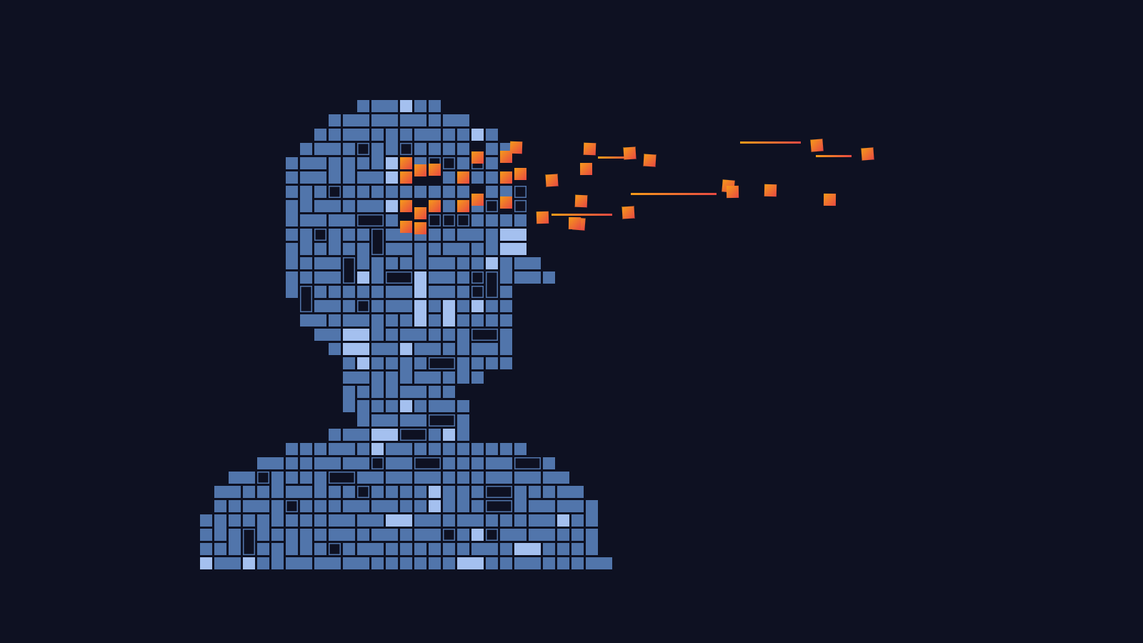 Geometric silhouette of a professional in profile, built from navy and blue tiles, with orange and red tiles shifting out of and into the head area