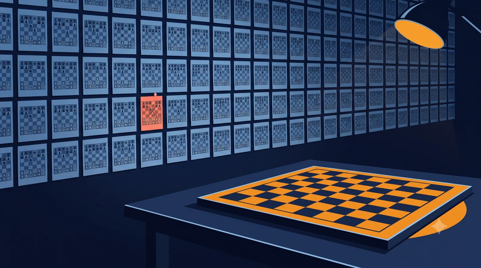 An empty chessboard lit warm under a lamp, facing a wall of hundreds of studied positions in shadow, one marked in red