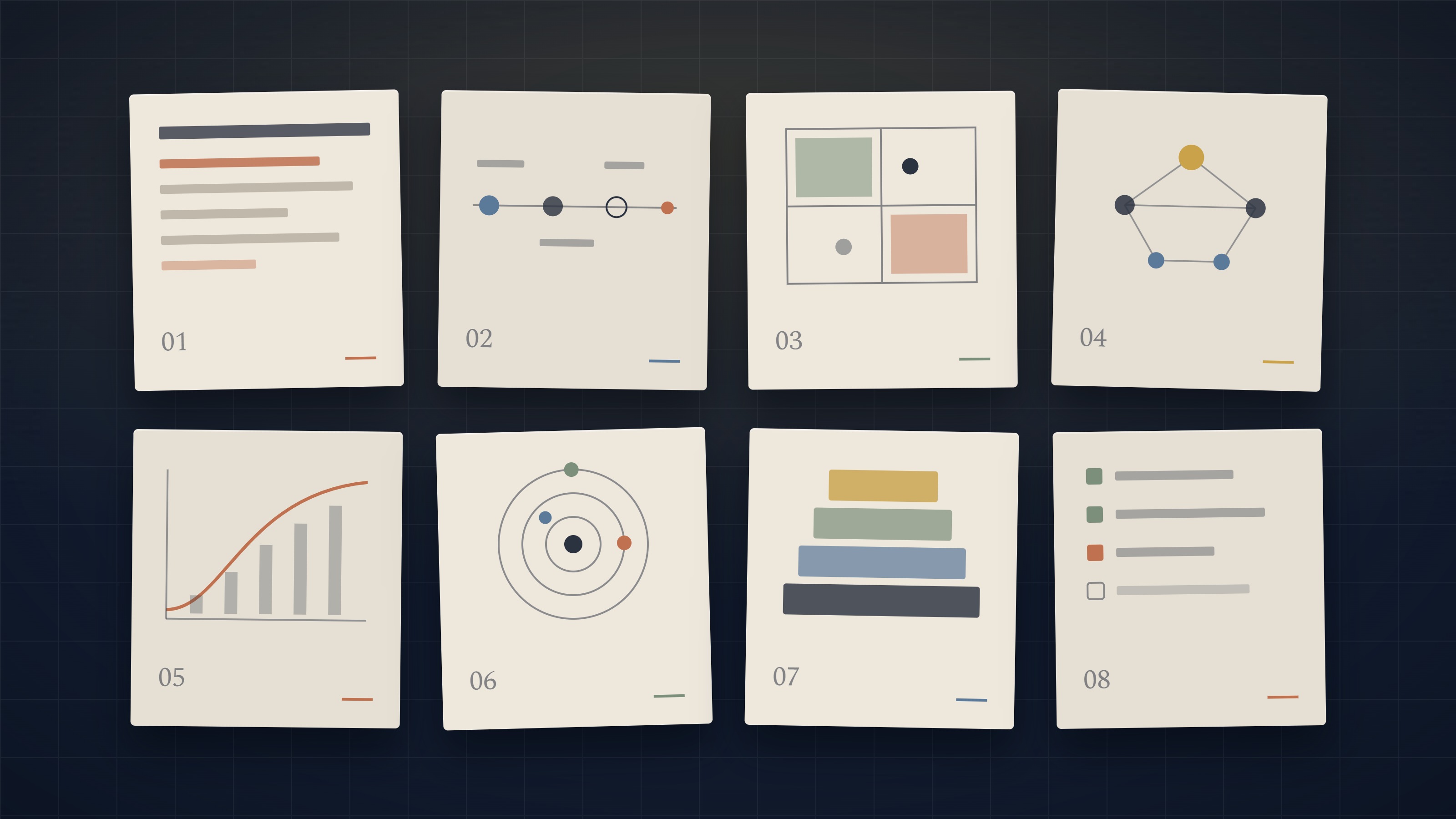 Eight change management artifacts arranged as a coherent set