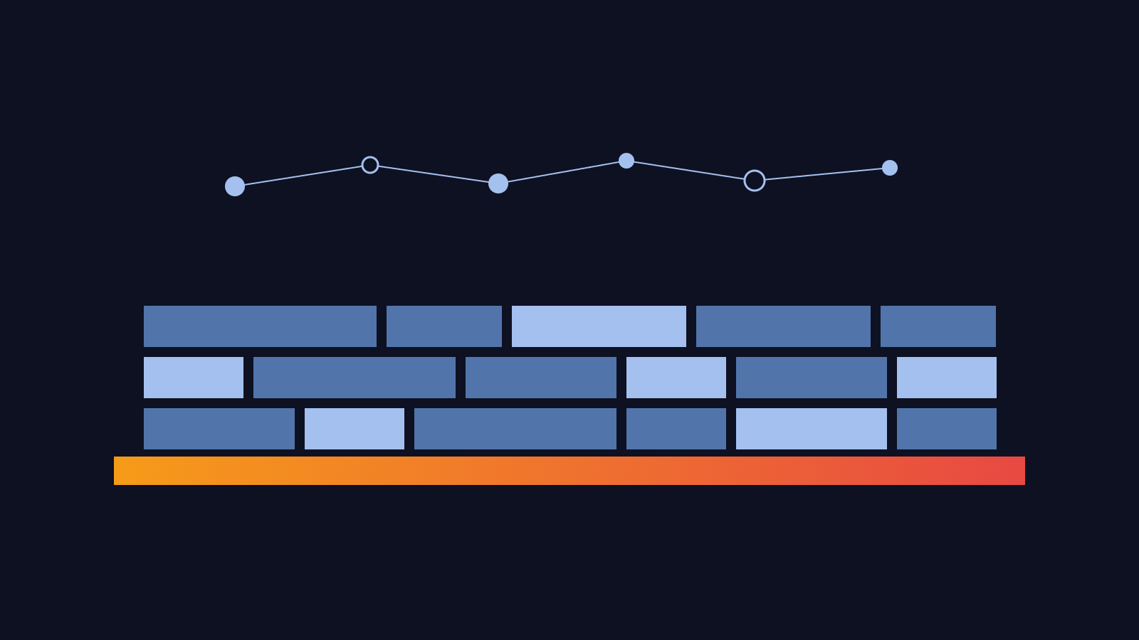 Navy header with an orange to red band along the bottom supporting a dense grid of blue rectangles, beneath a sparse row of connected light blue circles