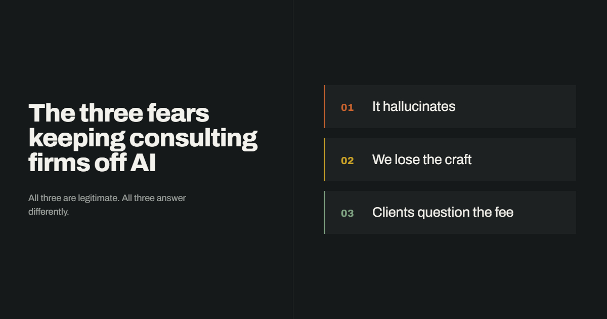 Article header reading "The three fears keeping consulting firms off AI" beside three numbered cards labelled it hallucinates, we lose the craft, clients question the fee.